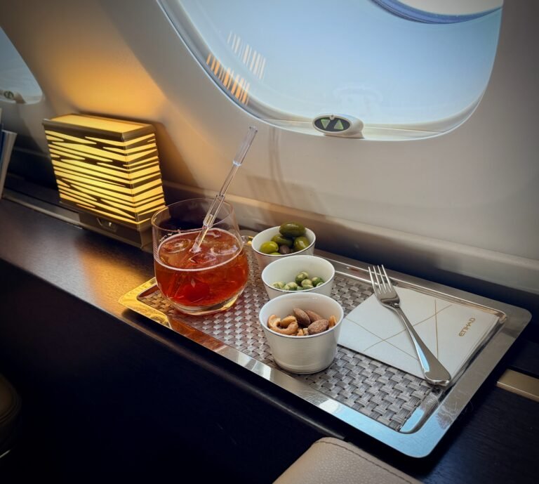 Warm nuts and a drink, view out of the A380 window