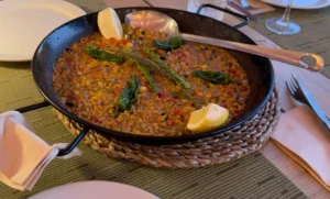 pan of paella with spoon